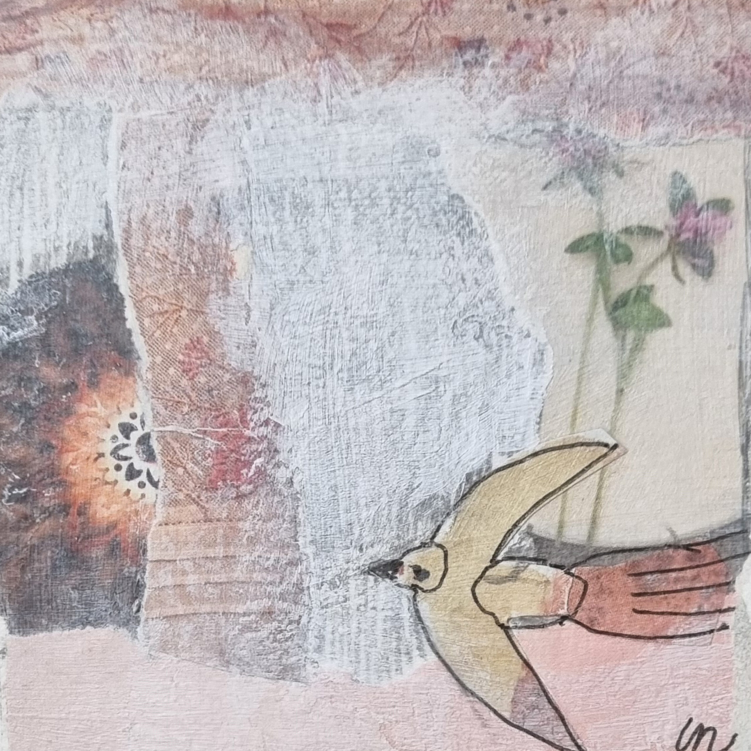 Collage-schilderijtje 'Bevlogen IV' Lucy Nouwens