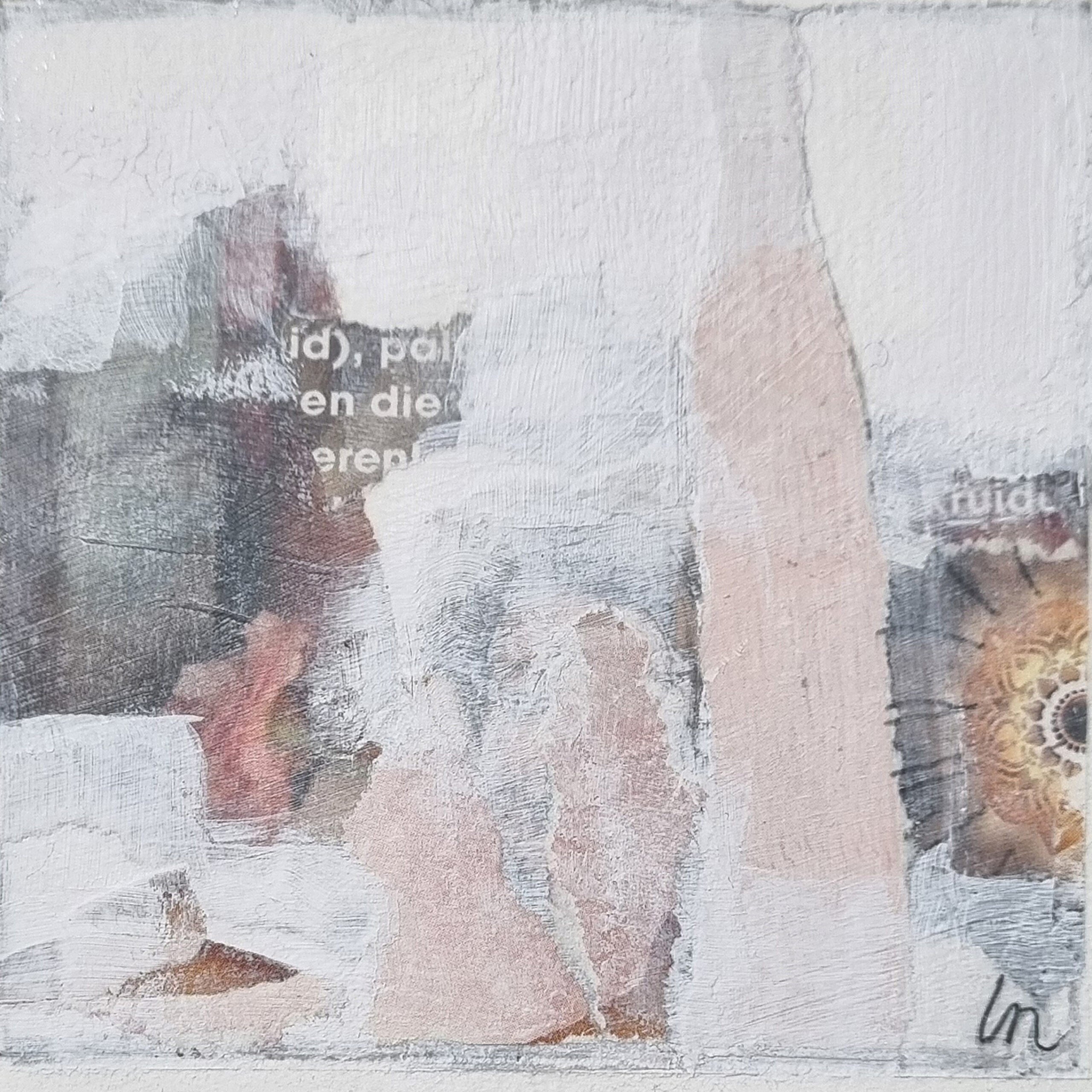 Collage-schilderijtje 'Bevlogen V' Lucy Nouwens